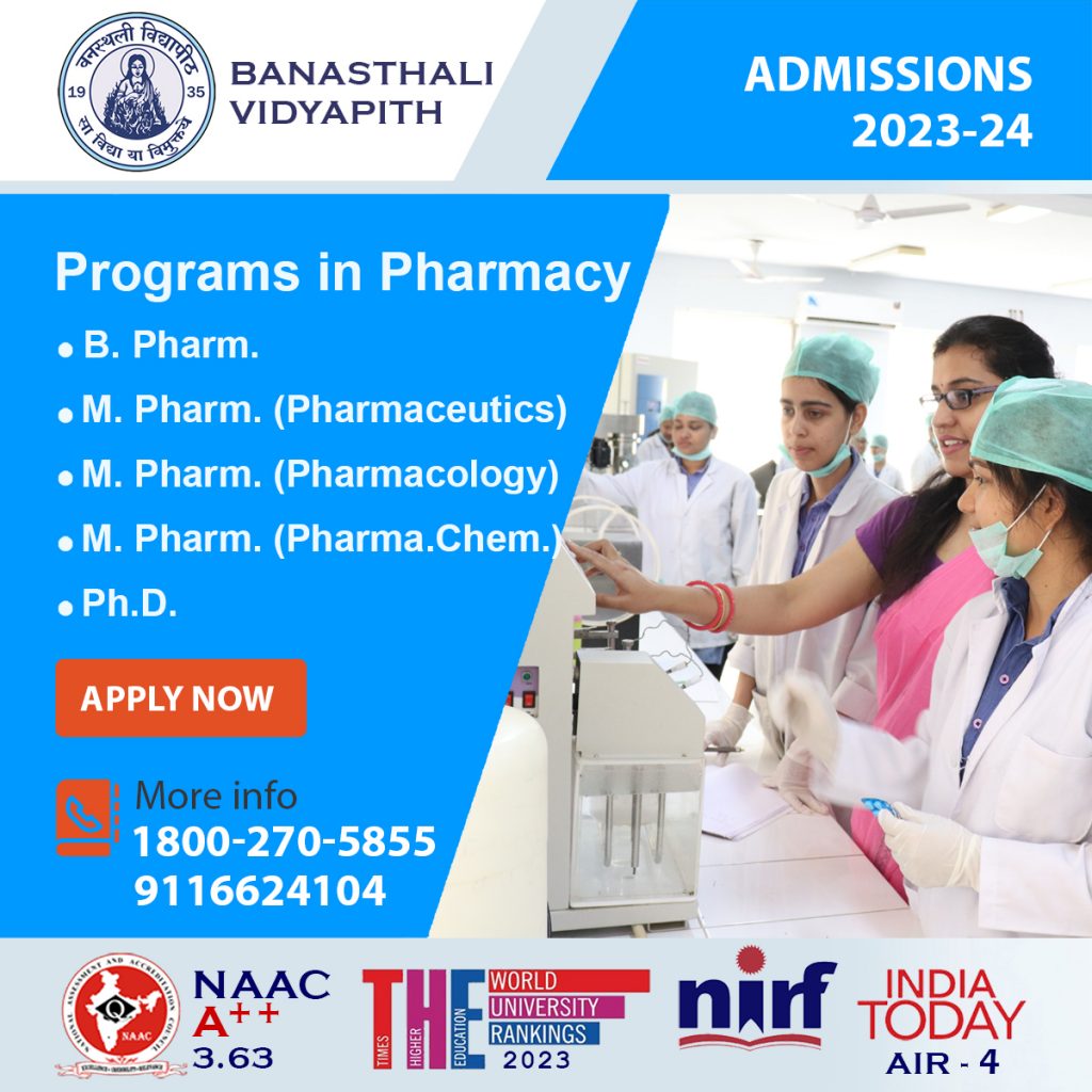 Banasthali Vidyapith Admission 2023-24 For M.Pharm: Women Largest ...