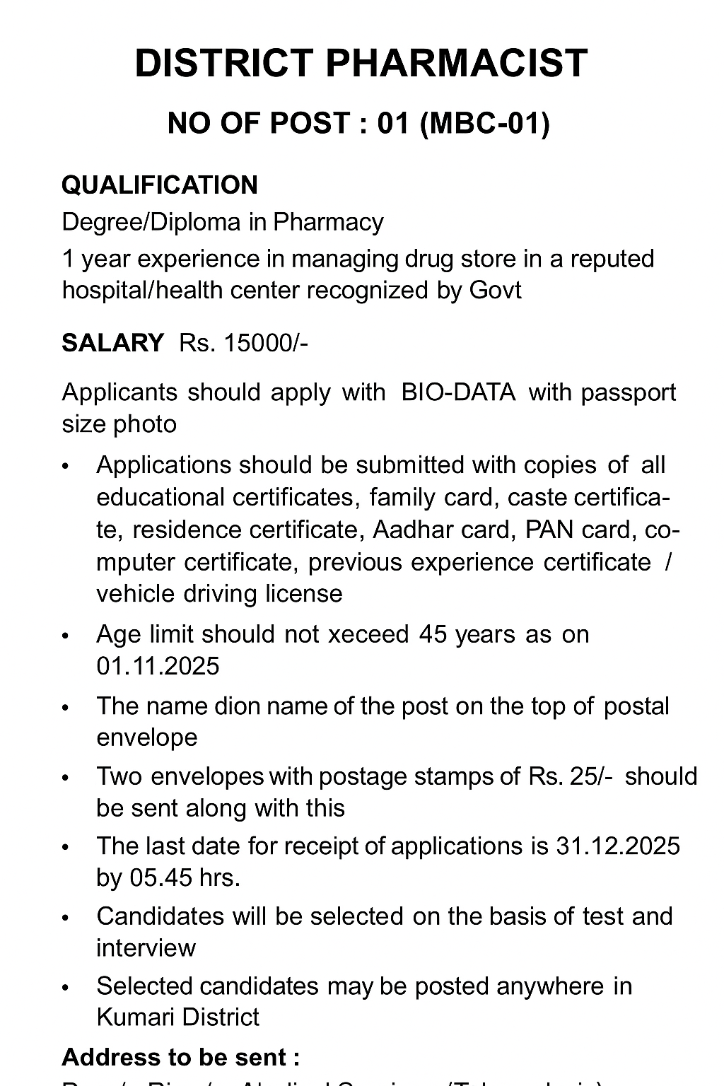 Walk-in-interview for BPharm/ DPharm Graduates as District Pharmacist at Kanyakumari District Health Association, Kanyakumari