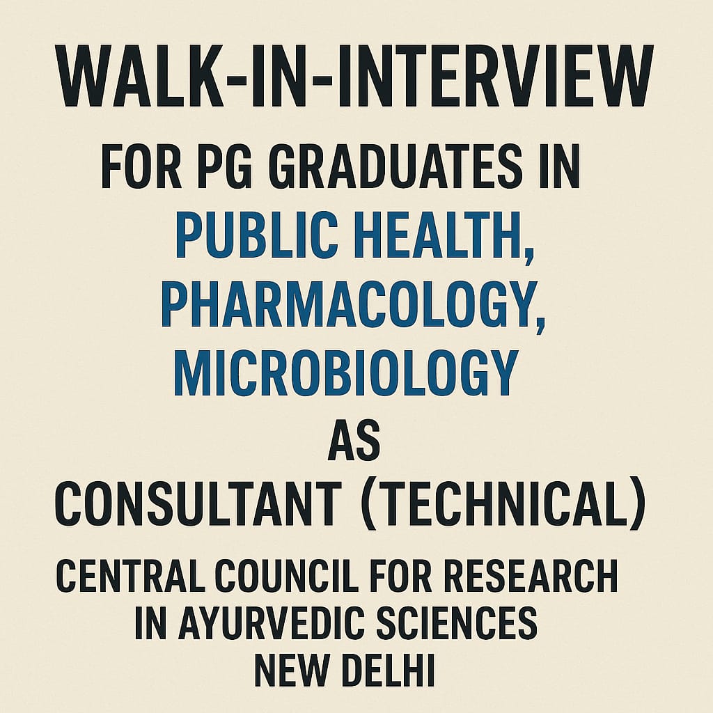 Walk-in-interview for PG in Public Health, Pharmacology, Microbiology Graduates as Consultant (technical) at Central council of research in ayurvedic Science, New delhi
