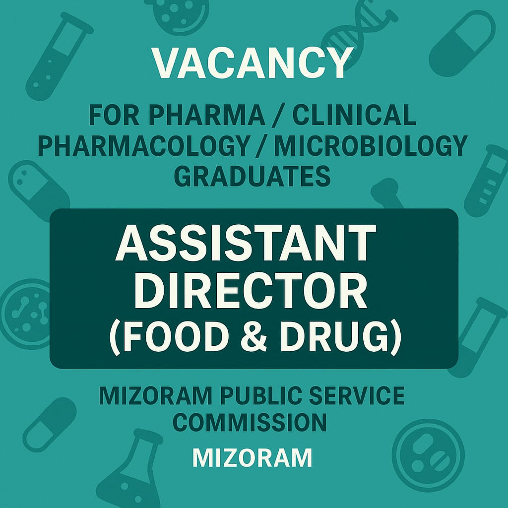 Vacancy for Pharma or Clinical Pharmacology/ Microbiology graduates as Assistant Director (Food & Drug) at Mizoram Public Service Commission, Mizoram
