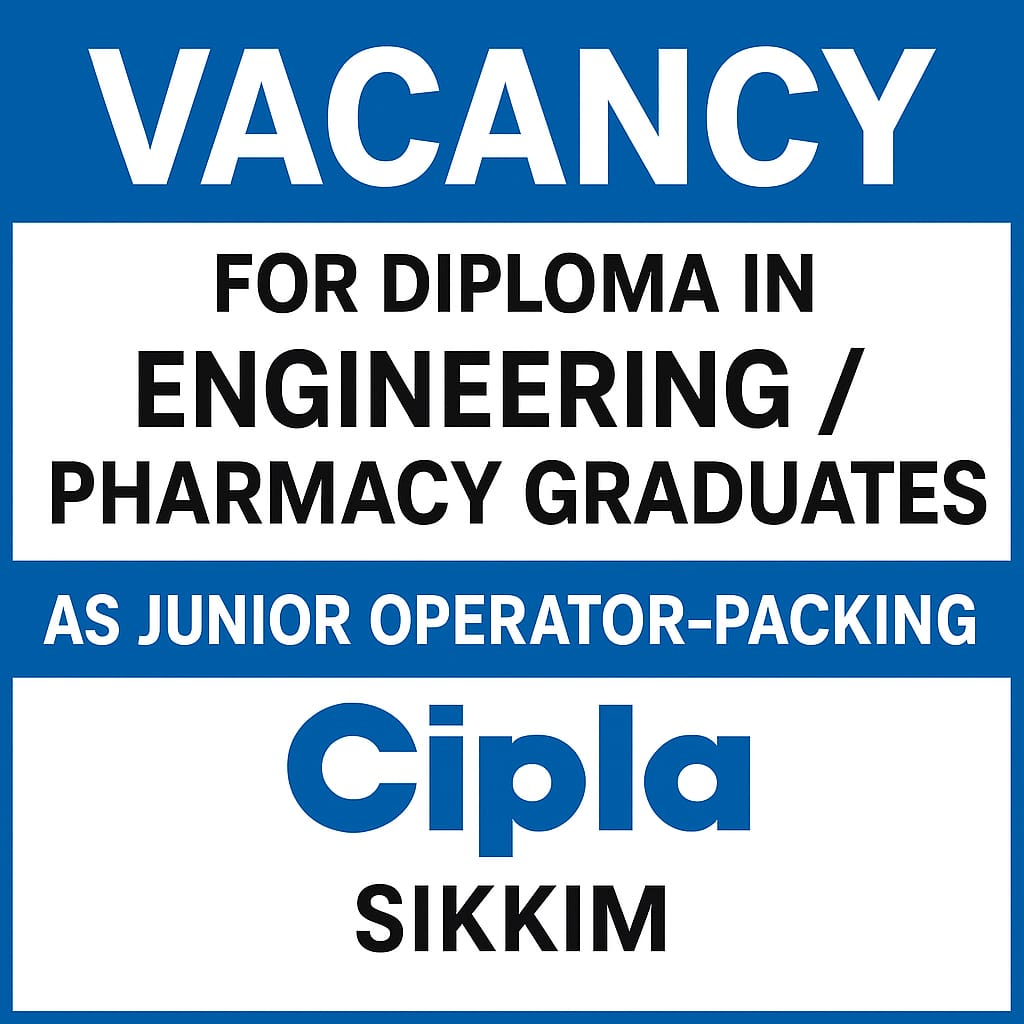 Vacancy for Diploma in Pharmacy / Engineering Graduates as Junior Operator-Packing at Cipla ltd, Sikkim