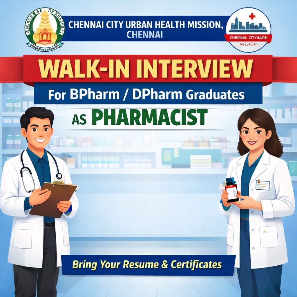 Vacancy for BPharm/ DPharm Graduates as Pharmacist at Chennai City Urban Health Mission, Chennai