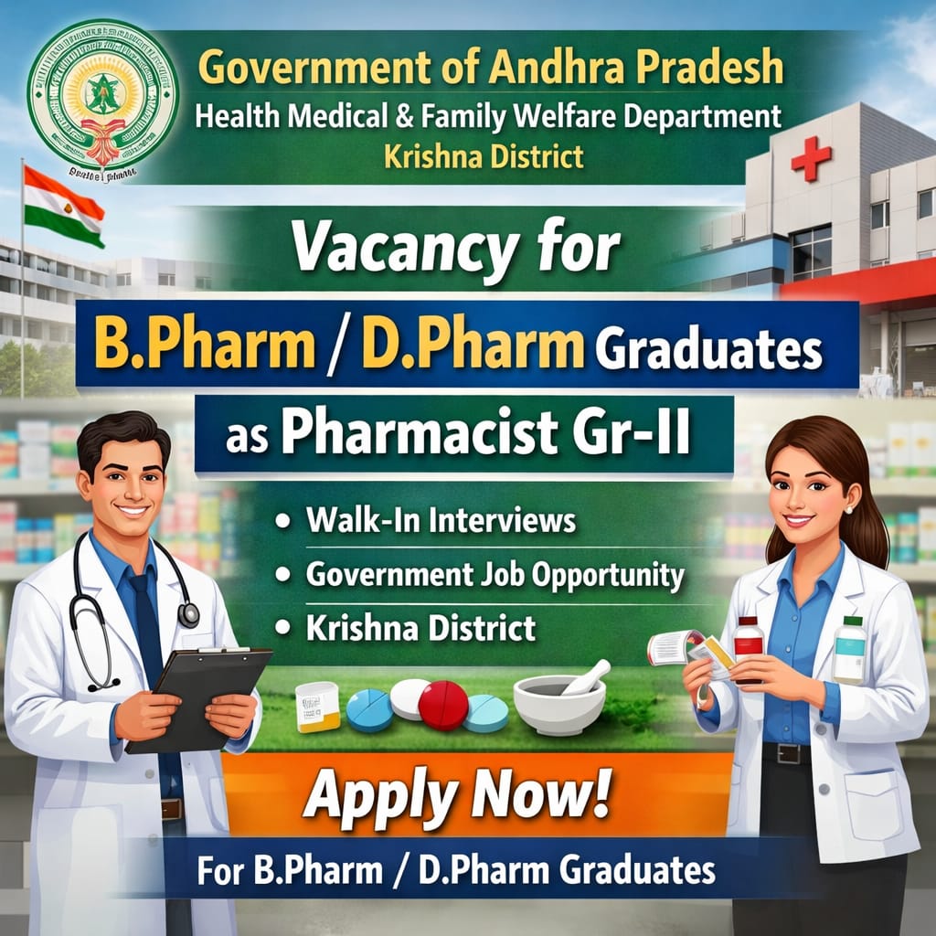 Vacancy for BPharm/ DPharm Graduates as Pharmacist Gr-II at Government of Andhra Pradesh, Health Medical and Family Welfare Department, Krishna District