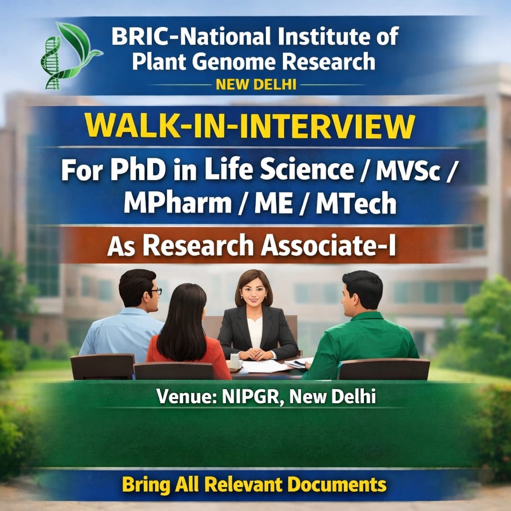 Walk-in-interview for PhD in Life Science/ MVSc/ MPharm/ ME/ MTech as Research Associate-I at BRIC-National Institute of Plant Genome Research, New Delhi