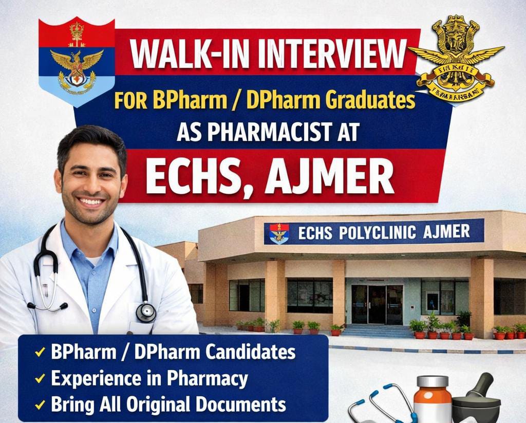 Vacancy for BPharm/ DPharm Graduates as Pharmacist at ECHS, Ajmer