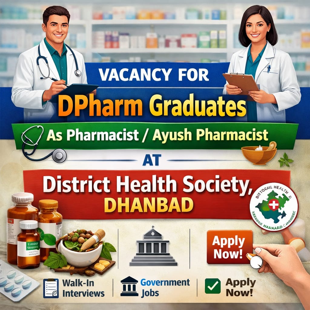 Vacancy for DPharm Graduates as Pharmacist/ Ayush Pharmacist at District Health Society, Dhanbad