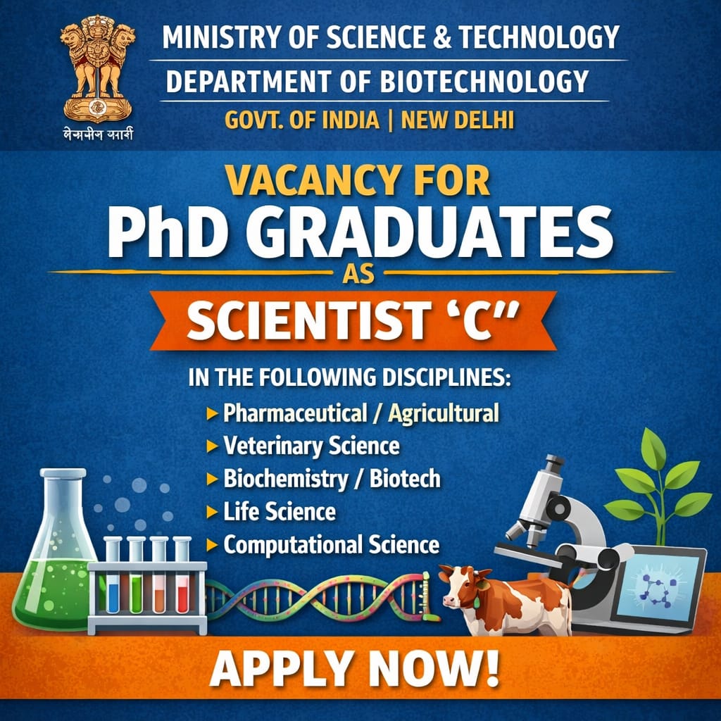 Vacancy for PhD Graduates in Pharmaceutical/ Agricultural/ Veterinary/ Biochemistry/ Biotech/ Life Science/ Computational Science as Scientist ‘C’ at Ministry of Science And Technology, Department of Biotechnology, New Delhi