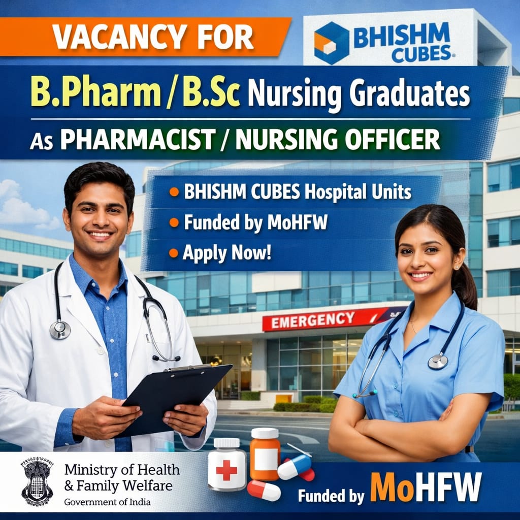 Vacancy for BPharm/ BSc Nursing Graduates as Pharmacist/ Nursing Officer at BHISHM cubes funded by MoHFW