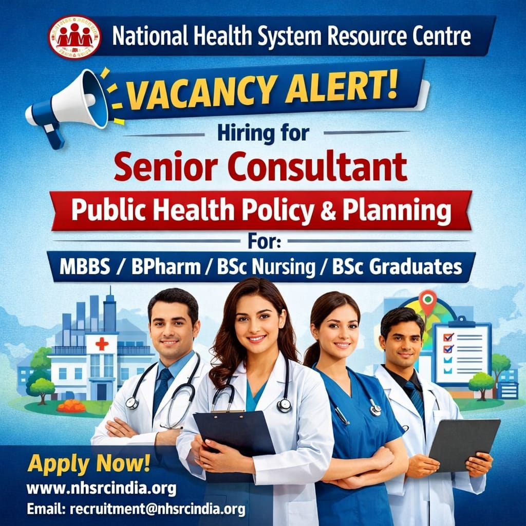 Vacancy for MBBS/ BPharm/ BSc Nursing/ BSc Graduates as Senior Consultant-Public Health Policy & Planning at National Health System Resource Centre