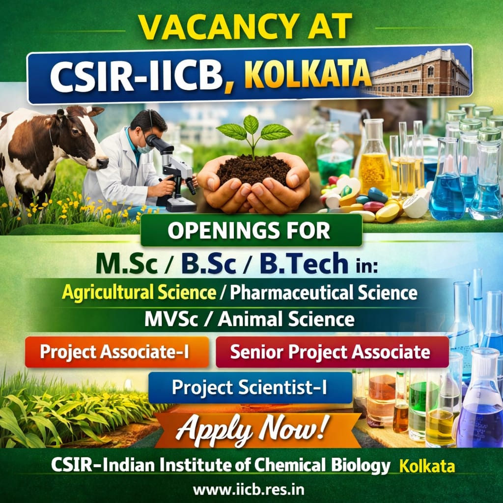 Vacancy for Master’s in Agricultural/ Pharmaceutical Science/ MVSc/ Animal Science/ MSc/ BSc/ BTech Graduates as Project Associate-I/ Project Assistant-II/ Project Scienctist-I/ Senior Project Associate at CSIR-IICB, Kolkata