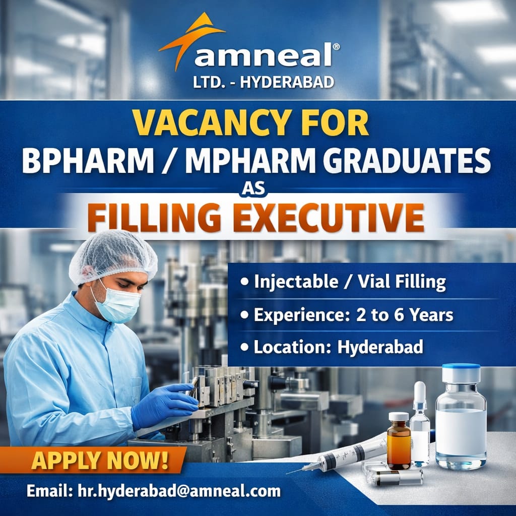 Vacancy for BPharm/ MPharm Graduates as Filling Executive at Amneal ltd, Hyderabad