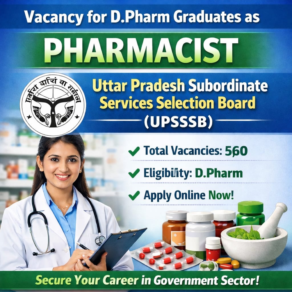 Vacancy for DPharm, BPharma Graduates as Pharmacist (560 post ) at Uttar Pradesh Subordinate Services Selection Board