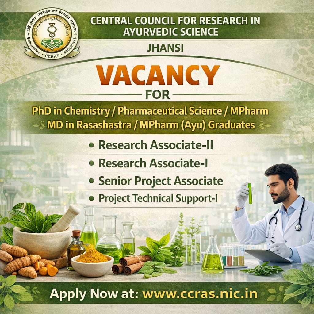 Vacancy for PhD in Chemistry/ Pharmaceutical Science/ MPharm/ MD in Rasashastra/ MPharm (Ayu) Graduates as Research Associate-II/ Research Associate-I/ Senior Project Associate/ Project Technical Support-I at Central Council for Research In Ayurvedic Science, Jhansi