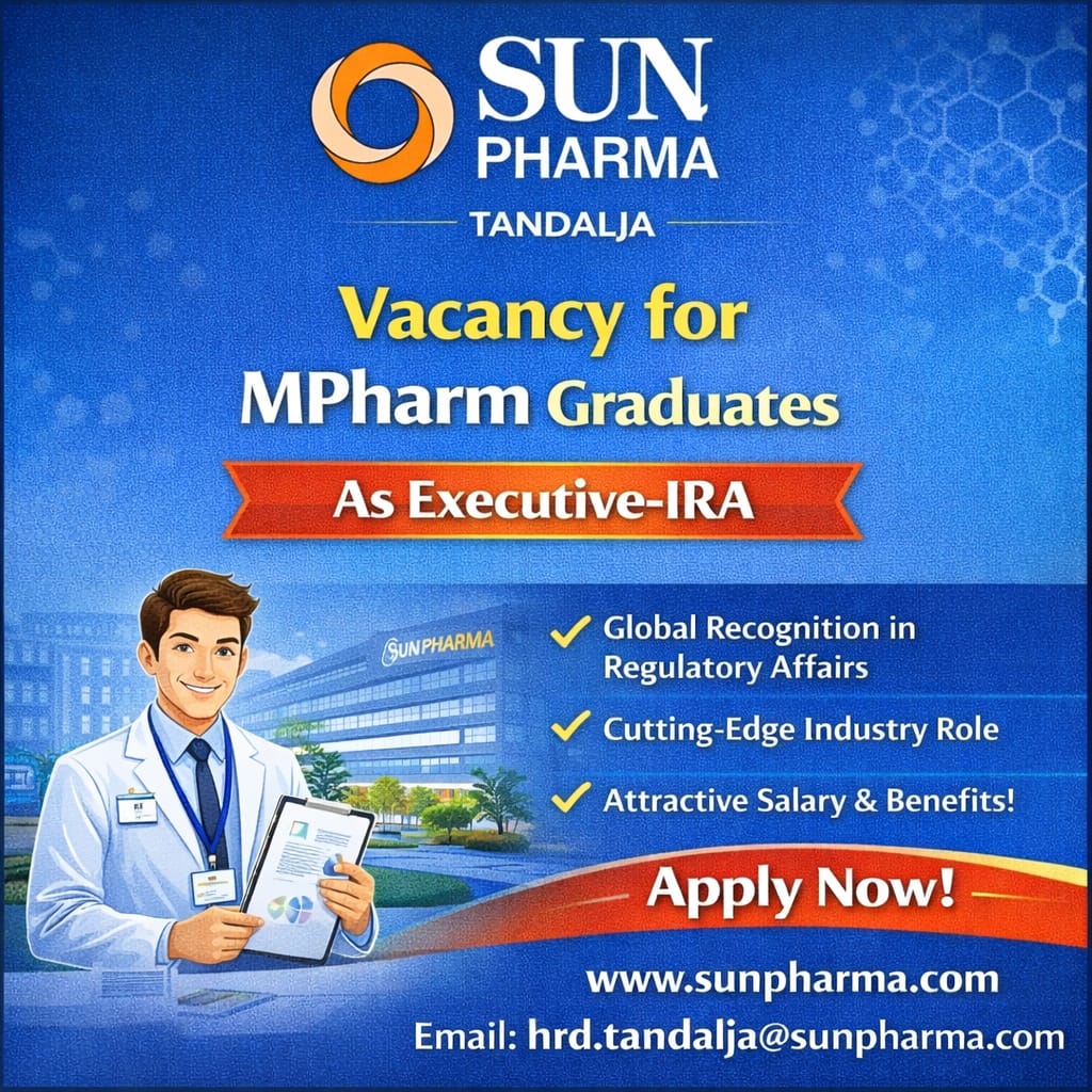 Vacancy for MPharm Graduates as Executive-IRA at Sun Pharma ltd, Tandalja