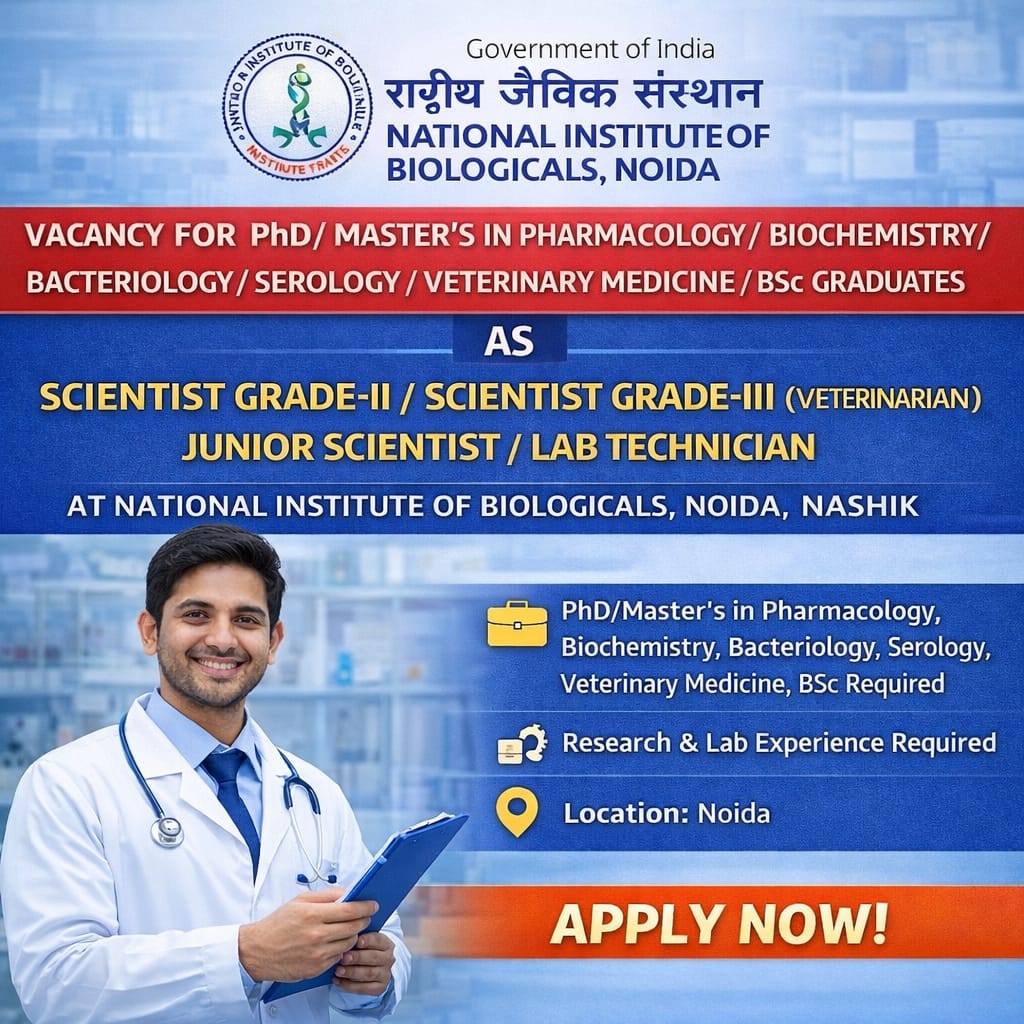Vacancy for PhD/ Master’s in Pharmacology/ Biochemistry/ Bacteriology/ Serology/Veterinary Medicine/ BSc Graduates as Scientist Grade-II/ Scientist Grade-III (Veterinarian)/ Junior Scientist/ Lab Technician at National Institute of Biologicals, Noida
