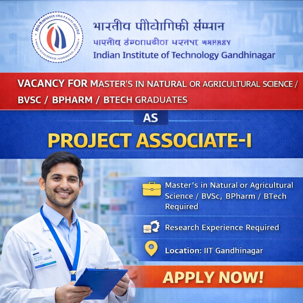 Vacancy for Master’s in Natural or Agricultural Science/ BVSc/ BPharm/ BTech Graduates as Project Associate-I at IIT, Gandhinagar