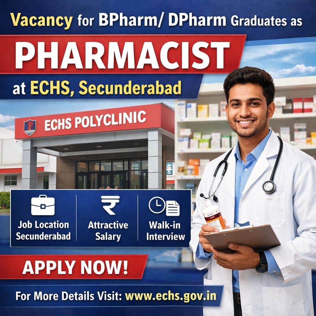 Vacancy for BPharm/ DPharm Graduates as Pharmacist at ECHS, Secunderabad