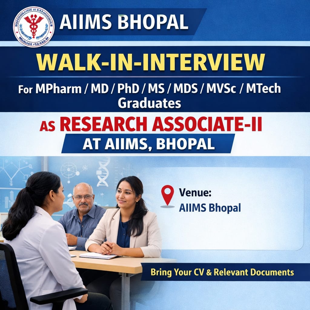 Walk-in-interview for MPharm/ MD/ PhD/ MS/ MDS/ MVSc/ MTech Graduates as Research Associate-II at AIIMS, Bhopal