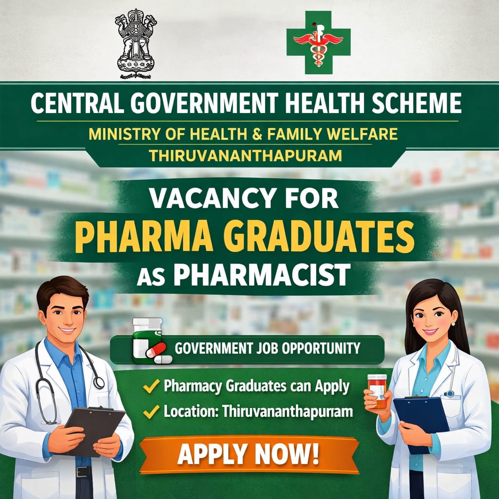 Vacancy for pharma Graduates as Pharmacist at Central Government Health Scheme, Ministry of Health and Family Welfare, Thiruvananthapuram