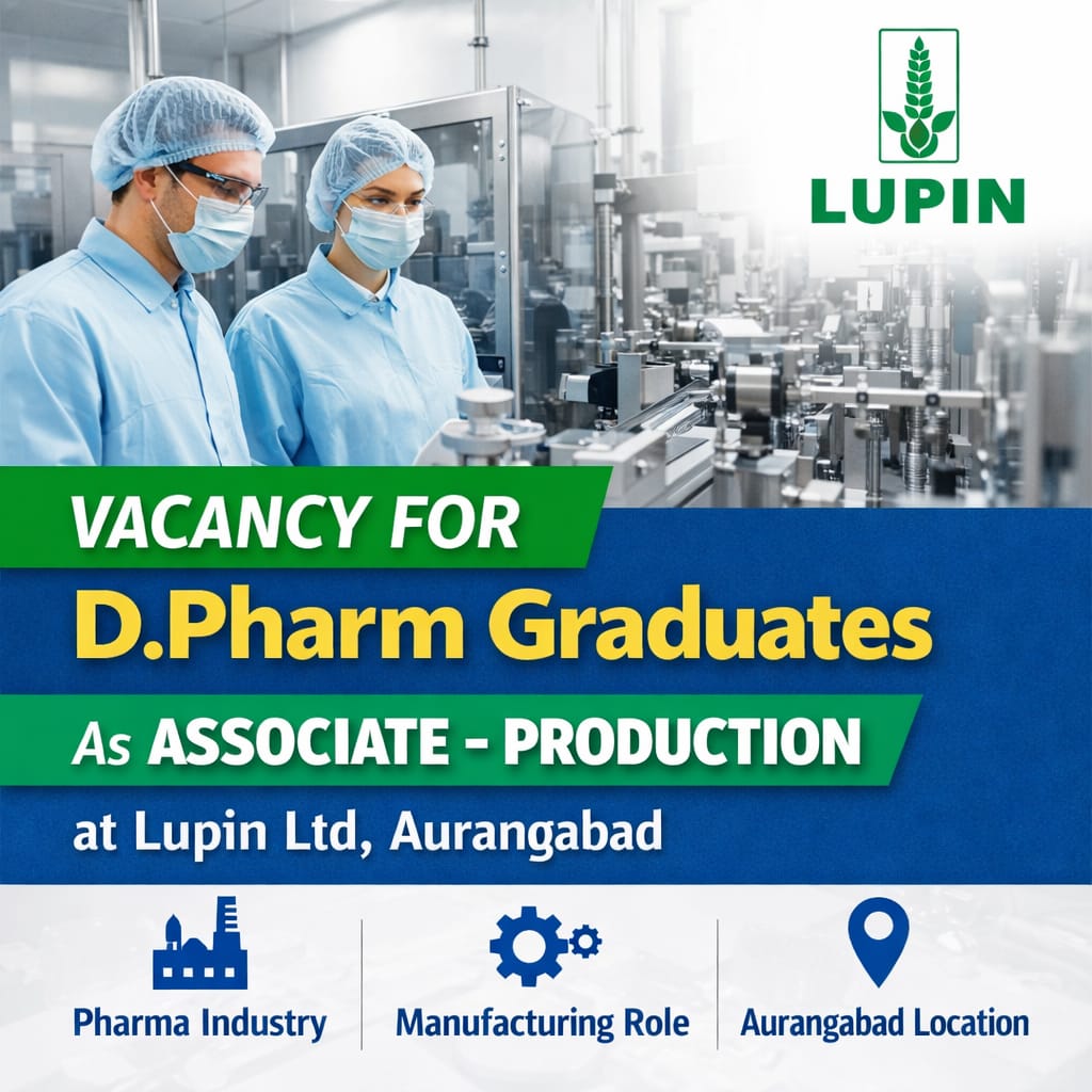 Vacancy for DPharm Graduates as Associate-Production at Lupin ltd, Aurangabad