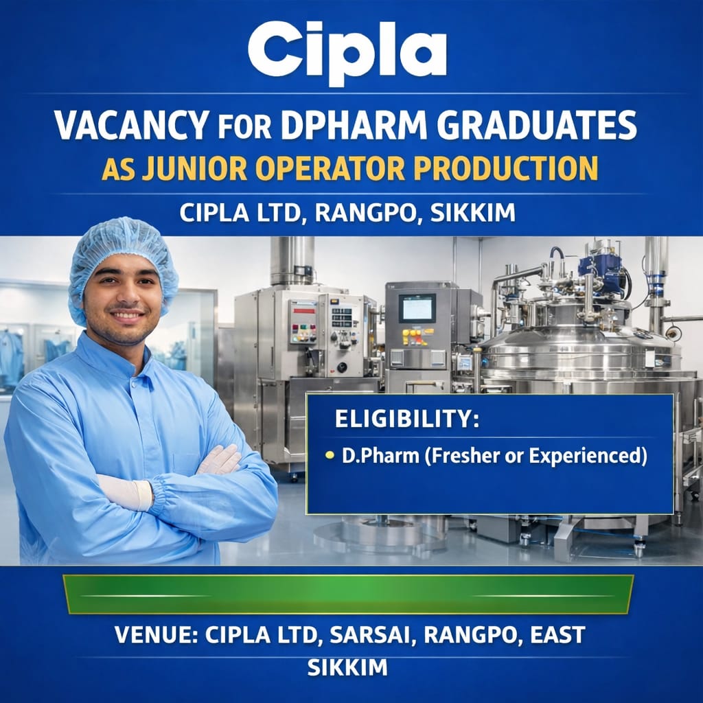 Vacancy for DPharm Graduates as Junior Operator Production at Cipla ltd, Rangpo, Sikkim