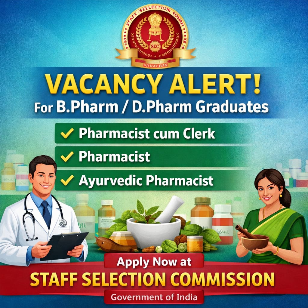 Vacancy for BPharm/ DPharm Graduates as Pharmacist cum Clerk/ Pharmacist/ Ayurvedic Pharmacist at Staff Selection Commission