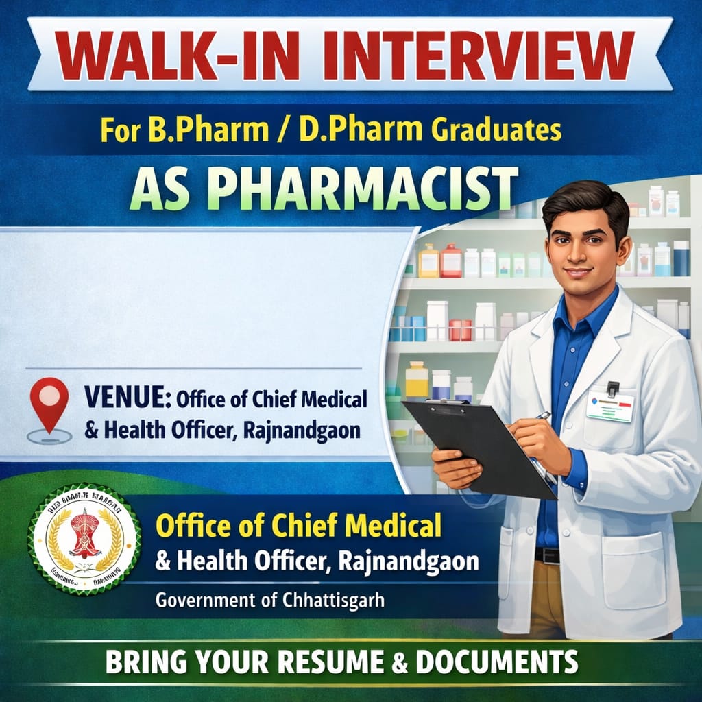 Walk-in-interview for BPharm/ DPharm Graduates as Pharmacist at Office of Chief Medical and Health Officer, Rajnandgaon