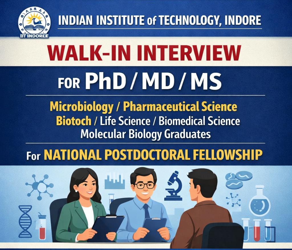 Walk-in-interview for PhD/ MD/ MS in Microbiology/ Pharmaceutical Science/ Biotech/ Life Science/ Biomedical Science/ Molecular Biology Graduates for National Postdoctoral Fellowship at Indian Institute of Technology, Indore