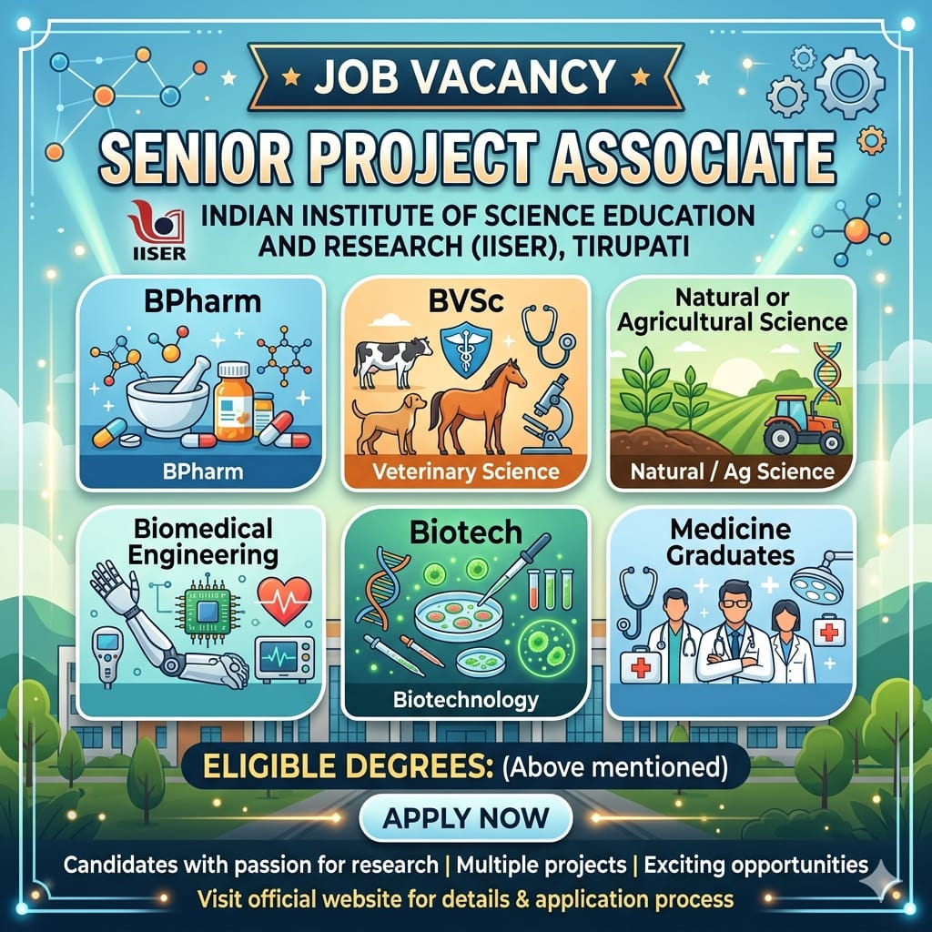 Vacancy for BPharm/ BVSc/ Natural or Agricultural Science/ Biomedical Engineering/ Biotech/ Medicine Graduates as Senior Project Associate at Indian Institute of Science Education and Research, Tirupati