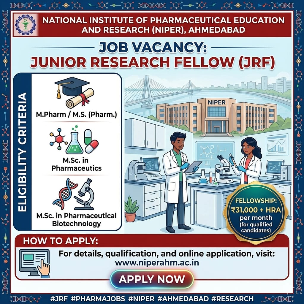 Vacancy for MPharm/ MS Pharm/ MSc in Pharmaceutics/ Pharmaceutical Biotech Graduates as Junior Research Fellow at NIPER, Ahmedabad