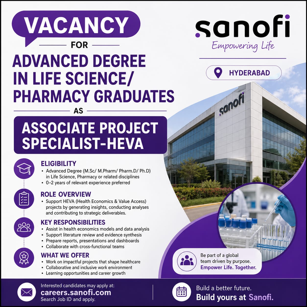 Vacancy for Advanced Degree in Life Science/ Pharmacy Graduates as Associate Project Specialist-HEVA at Sanofi ltd, Hyderabad
