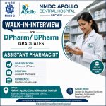 Walk-in-interview for DPharm/ BPharm Graduates as Assistant pharmacist at NMDC Apollo Central Hospital, Bacheli