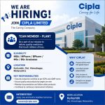 Vacancy for MBA/ MPharm/ BPharm/ MSc/ BSc Graduates as Team Member-Plant at Cipla ltd, Kurkumbh