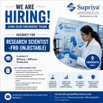 Vacancy for BPharm/ MPharm Graduates as Research Scientist -FRD (Injectable) at Supriya LifeScience ltd, Ambernath