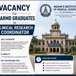 Vacancy for PharmD Graduates as Clinical Research Corrdinator at Nizam’s Institute of Medical Science, Hyderabad
