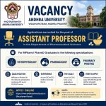 Vacancy for MPharm/ PharmD (Pathophysiology/ Pharmacology/ Pharmacy Practice) Graduates as Assistant Professor at Andhra University, Vishakhapatam