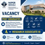 Vacancy for Post Graduates in MPharm (Pharmacy Practice/ Clinical Research/ Pharmacology/ Nursing)/ Life Science/ Environment Science/ Statistics As Research Associate-III at NIPER, Mohali