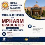 Walk-in-interview for MPharm Graduates as Assistant Professor at Central University of Rajasthan, Ajmer