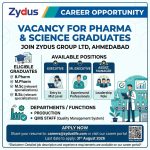 Vacancy for BPharm/ MPharm/ MSc/ BSc Graduates as Executive/ Sr. Executive/ Assist. Manager (Production/ QMS Staff) at Zydus Group ltd, Ahmedabad