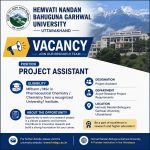 Vacancy for MPharm/ MSc in Pharmaceutical Chemistry/ Chemistry Graduates as Project Assistant at Hemvati Nandan Bahuguna Garhwal University, Uttarakhand