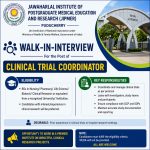 Walk-in-interview for BPharm, BSc in Nursing/ Life Science/ Biotech/ Clinical Research Graduates as Clinical Trial Coordinator at Jawaharlal Institute of Postgraduate Medical Education and Research, Puducherry