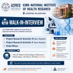 Walk-in-interview for PharmD/ Master’s in Microbiology/ Biochemistry/ Biotech/ Life Science/ Pharmacy Graduates as Project Research Scientist-III (Non-Medical) / Project Research Scientist-II (Non-Medical)/ Field Officer at ICMR-National Institute of Health Research, Jodhpur