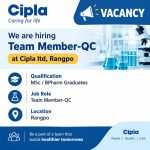 Vacancy for MSc/ BPharm Graduates as Team Member-QC at Cipla ltd, Rangpo