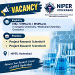 Vacancy for MSc/ MPharm/ MSPharm in Organic Chemistry/ Medicinal Chemistry Graduates as Project Research Scientist-II/ Project Research Scientist-III at NIPER, Hyderabad