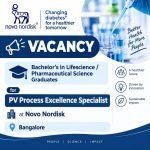 Vacancy for Bachelor’s in Lifescience/ Pharmaceutical Science Graduates as PV Process Excellence Specialist at Novo Nordisk, Bangalore