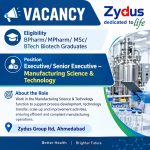 Executive/ Senior Executive-Manufacturing officer Vacancy for BPharm/ MPharm/ MSc/ BTech Biotech Graduates at Zydus Group ltd, Ahmedabad