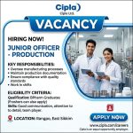 Vacancy of Junior Officer-Production for BPharm Graduates as at Cipla ltd, Rangpo