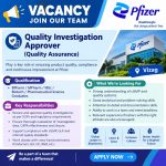Vacancy as Quality Investigation Approver (Quality Assurance) for BPharm/ MPharm/ MSc/ Biotech/ Pharmaceutical Science Graduates at Pfizer ltd, Vizag