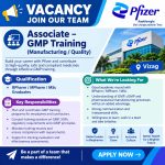 Vacancy as Associate-GMP Training for BPharm/ MPharm/ MSc Graduates at Pfizer ltd, Vizag